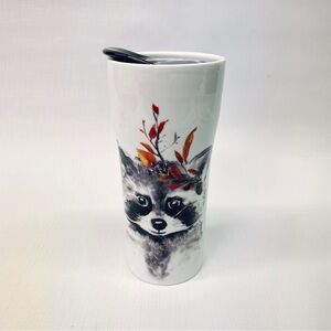 CIROA Raccoon Fine Porcelain Double Wall Travel Mug Black Silicone Lid